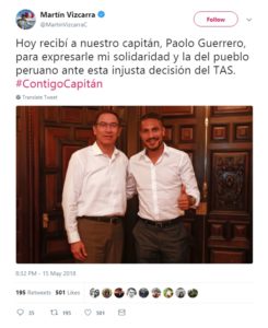 Martin Vizcarra afima que Gobierno le dará “soporte” a Paolo Guerrero en demanda en Suiza